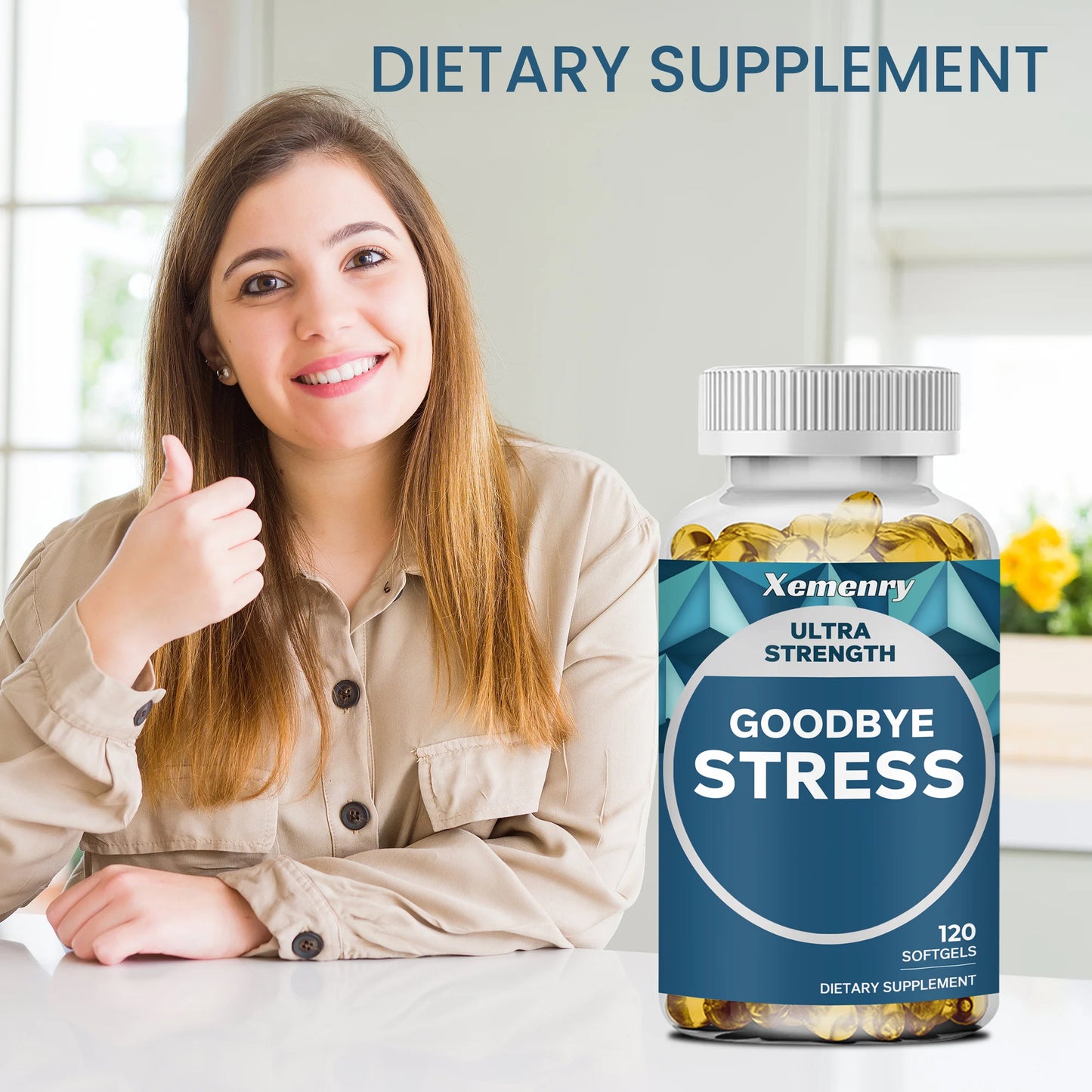 Goodbye Stress Capsules Supplement - GABA, L-Theanine - Relieve Stress and Improve Mood - 120 Capsules