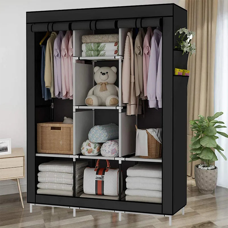 Portable Large Clothes Organizer with 6 Storage Shelves, 2 Hanging Sections 4 Side Pockets