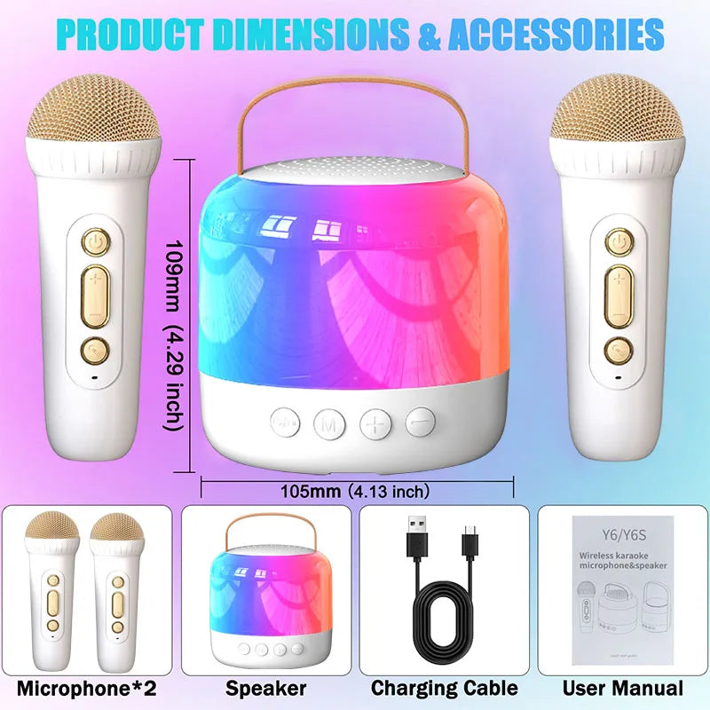 Mini Karaoke Machine for Kids Adult, Portable Bluetooth Karaoke Speaker with 2 Wireless Microphones and LED Colourful Lights