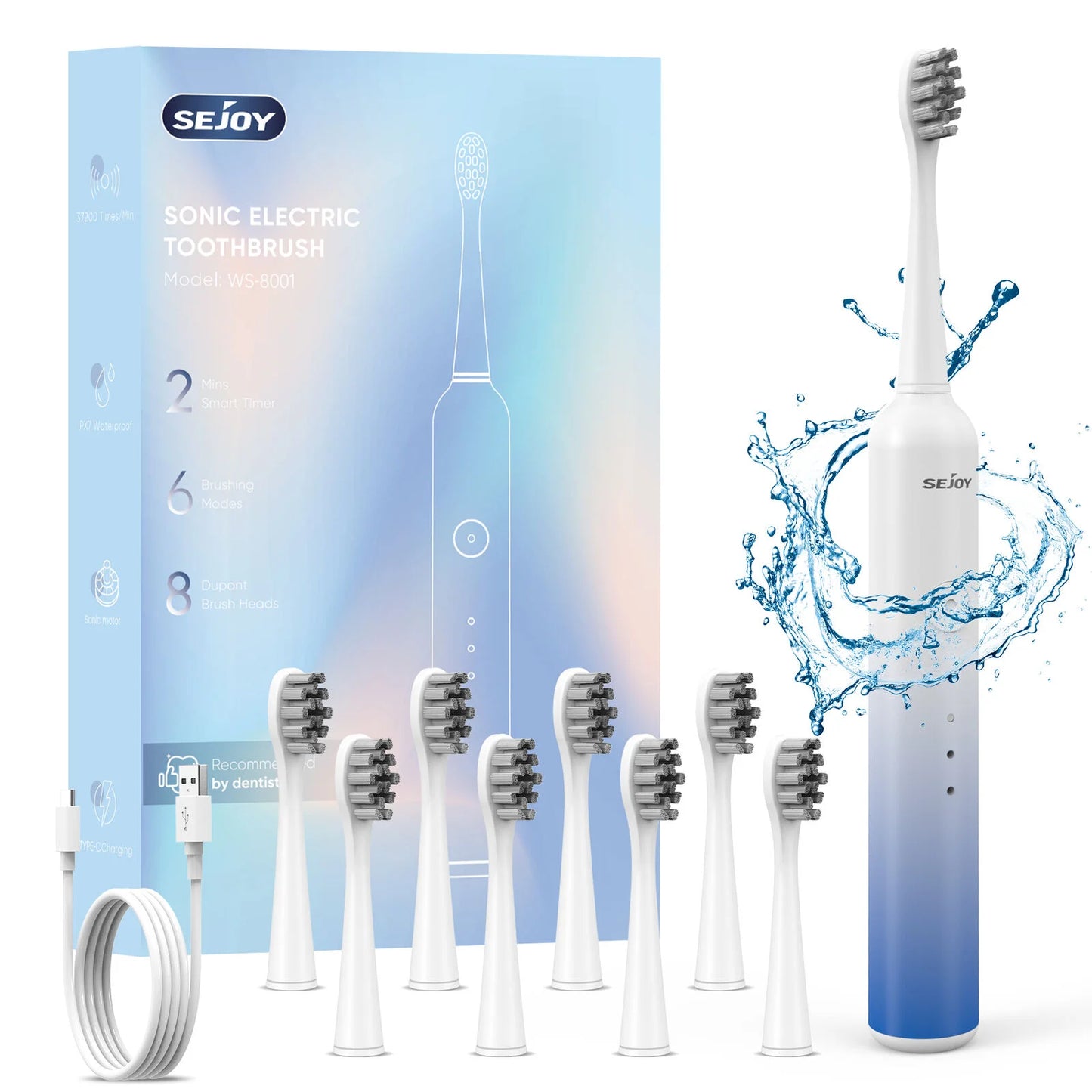 SEJOY Sonic Electric Toothbrush Rechargeable Power 8 Brush Heads 5 Modes Timer