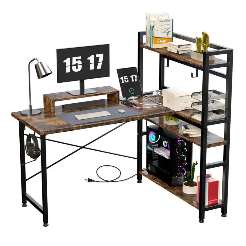 Computer desk Gaming desk with shelves, L-shaped corner 55' Reversible with charging connection,integrated socket