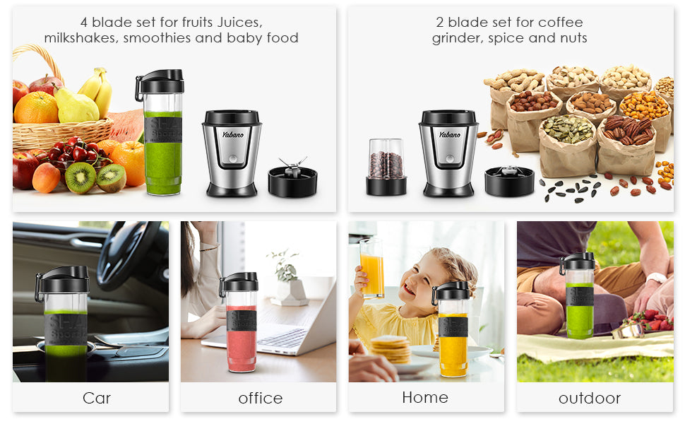 Personal Blender with 2 x 20oz Travel Bottle and Coffee/Spices Jar, Portable Smoothie Blender and Coffee Grinder in One