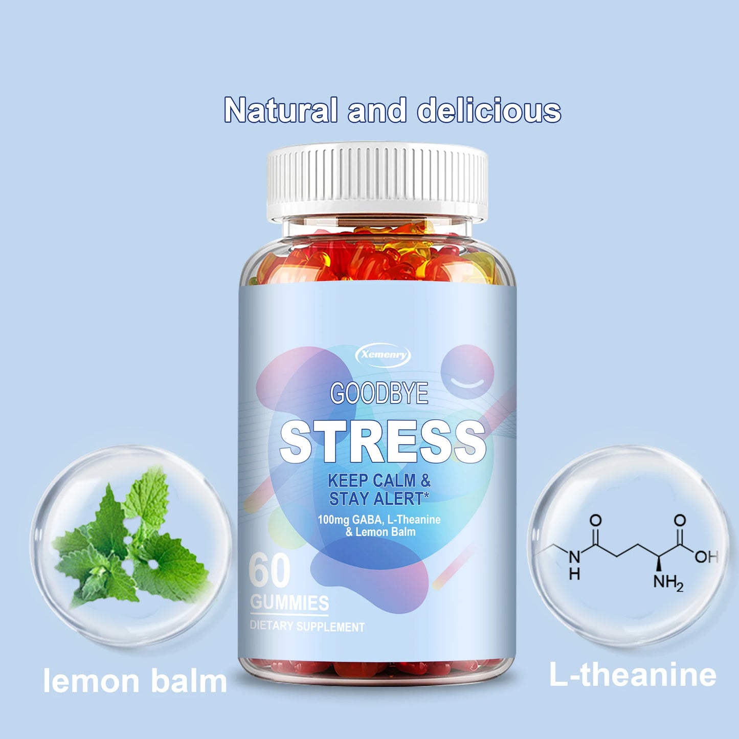Goodbye Stress Gummies - with GABA, L-Theanine, Lemon Balm - Relieve Stress, Improve Negative Emotions, and Relax - 60 Gummies