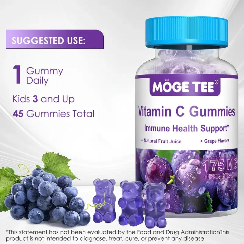 MOGE TEE Vitamin C Gummy Bears – Immune Support, Grape Flavor, 45 Count