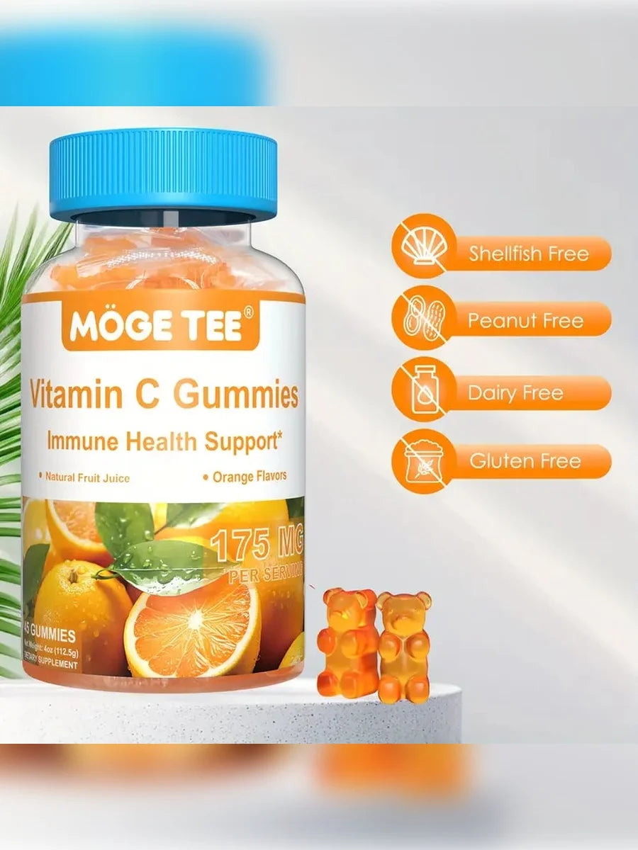 MOGE TEE Vitamin C Gummies Immune Support Natural Fruit Juice Orange Flavor 45 Count.