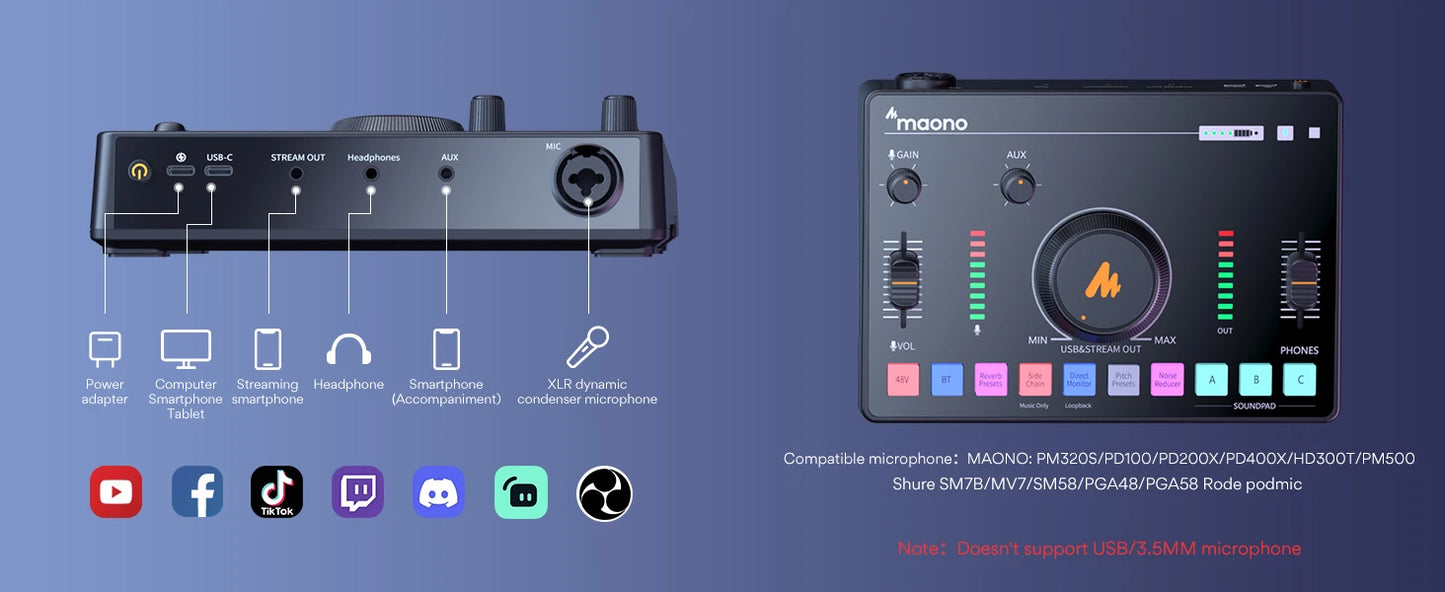 Maono AMC2 Neo Professional Sound Card Audio Interface Mixer With 48V Phantom Power For Smart Phone,PC,Live Streaming,Recording