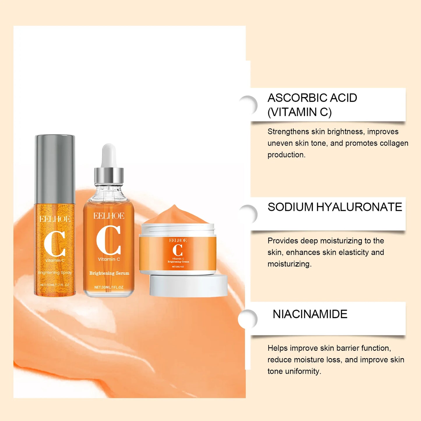 Eelhoe 1set Vitamin C Facial Skin Care Set Moisturizing Brightening Reduce Dark Spot Skin Renew Hydrate Repair Dry Skin Care Kit