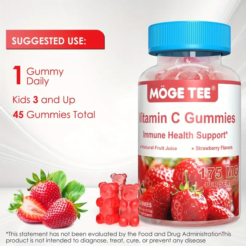 MOGE TEE Vitamin C Gummy Bears – Immune Support, Strawberry Flavor, 45 Count