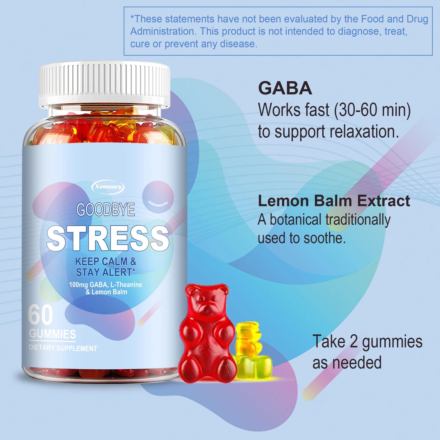 Goodbye Stress Gummies - with GABA, L-Theanine, Lemon Balm - Relieve Stress, Improve Negative Emotions, and Relax - 60 Gummies