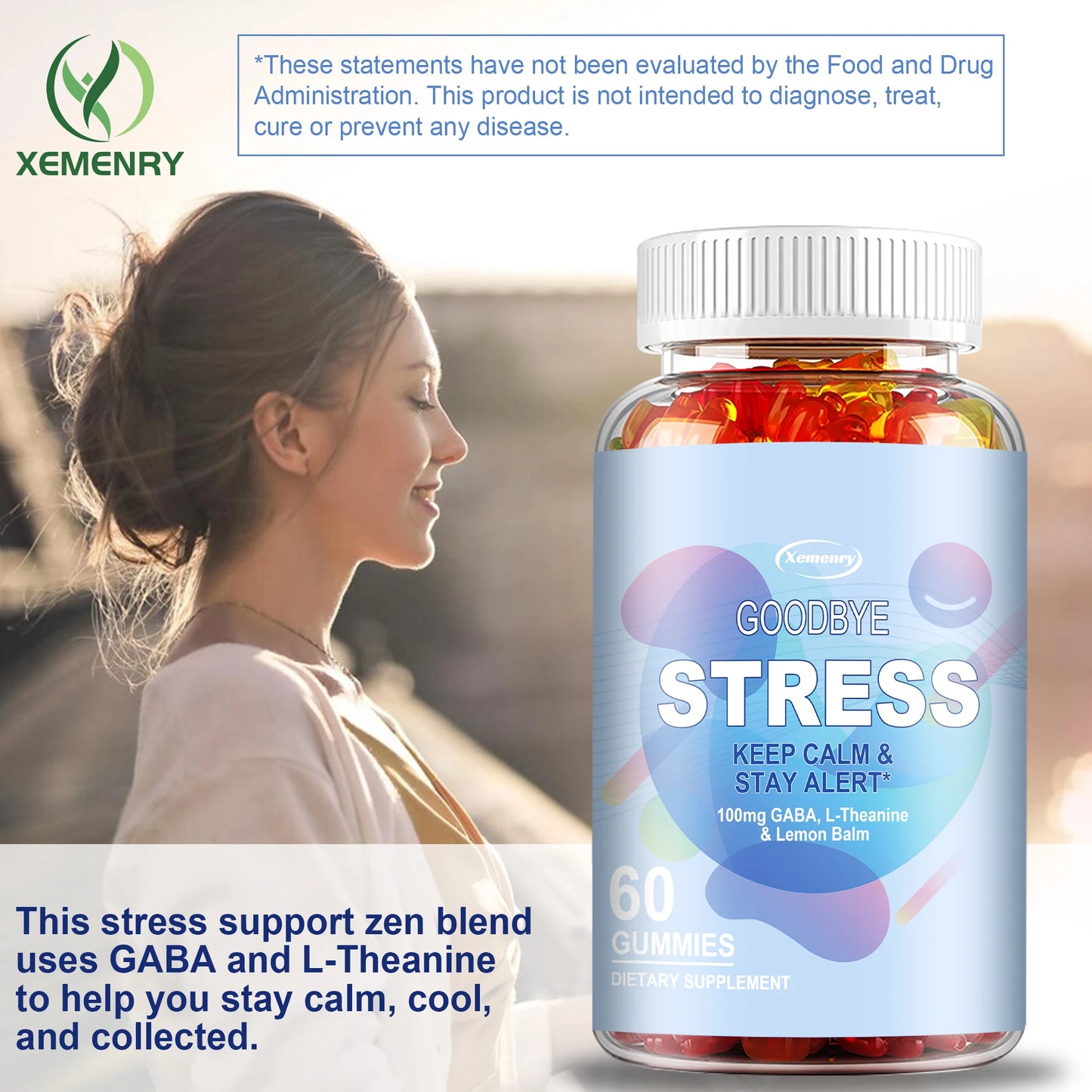 Goodbye Stress Gummies - with GABA, L-Theanine, Lemon Balm - Relieve Stress, Improve Negative Emotions, and Relax - 60 Gummies