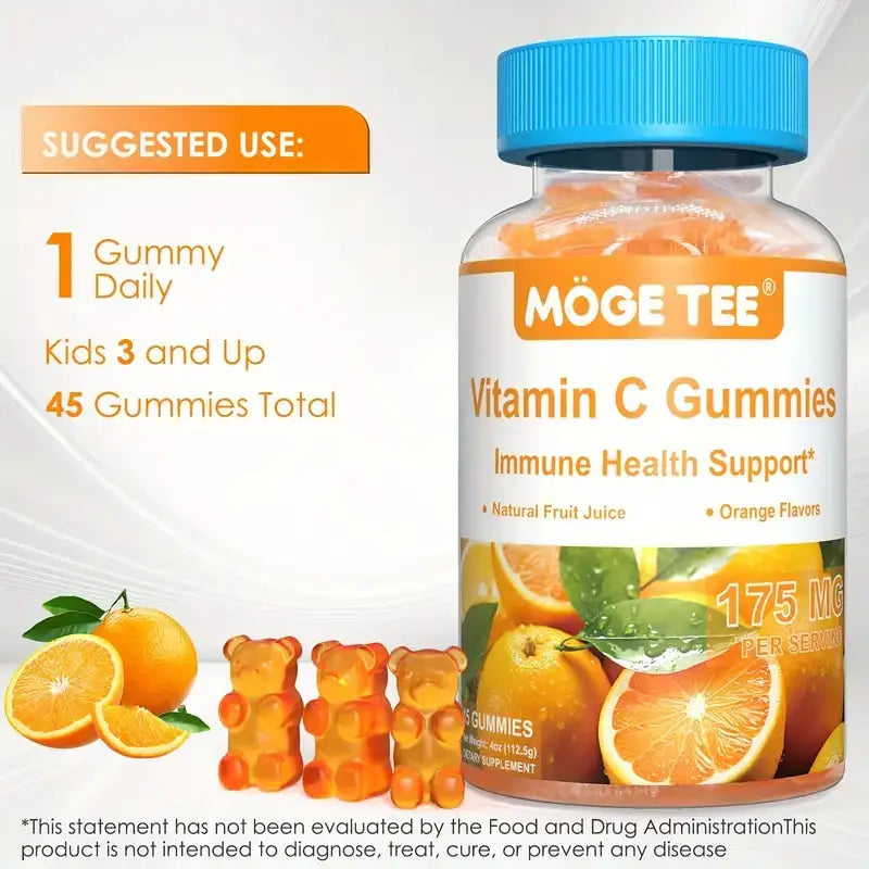 MOGE TEE Vitamin C Gummies Immune Support Natural Fruit Juice Orange Flavor 45 Count.