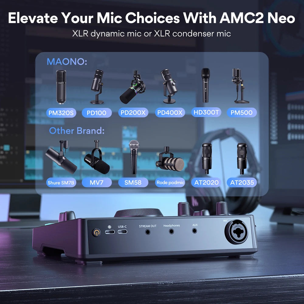 Maono AMC2 Neo Professional Sound Card Audio Interface Mixer With 48V Phantom Power For Smart Phone,PC,Live Streaming,Recording