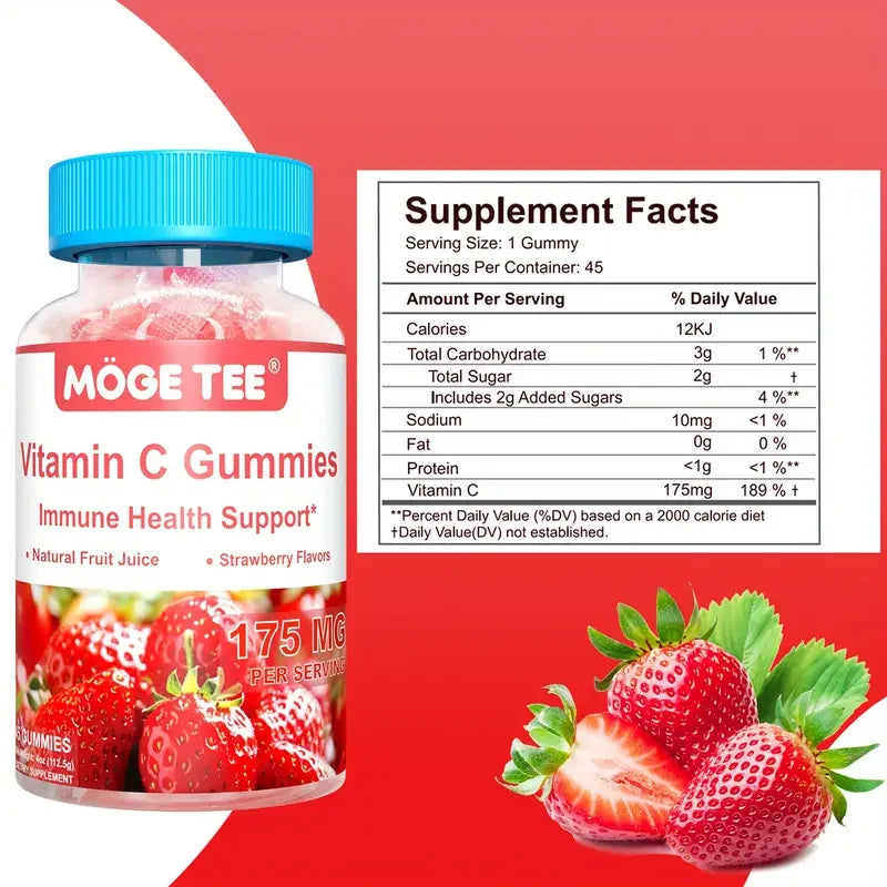 MOGE TEE Vitamin C Gummy Bears – Immune Support, Strawberry Flavor, 45 Count