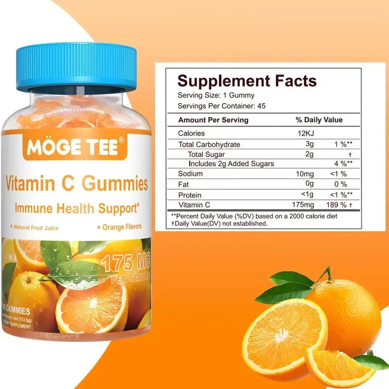 MOGE TEE Vitamin C Gummies Immune Support Natural Fruit Juice Orange Flavor 45 Count.