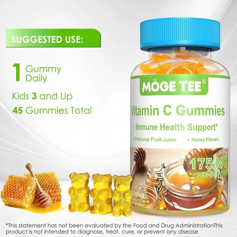 MOGE TEE Vitamin C Gummies Immune Support Natural Fruit Juice Honey Flavor 45 Count.
