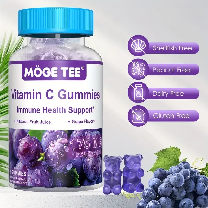 MOGE TEE Vitamin C Gummy Bears – Immune Support, Grape Flavor, 45 Count