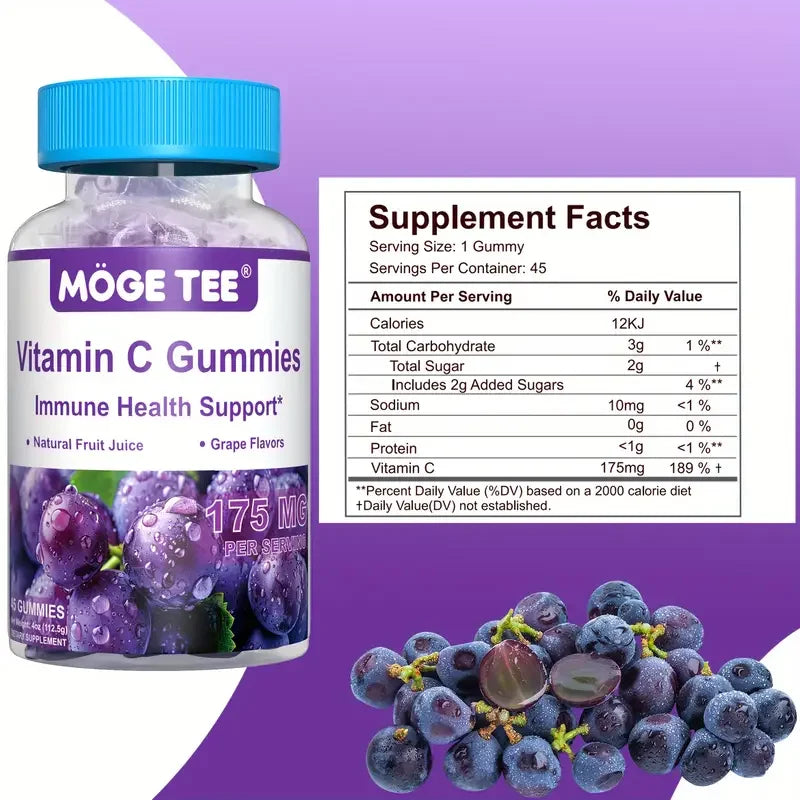 MOGE TEE Vitamin C Gummy Bears – Immune Support, Grape Flavor, 45 Count