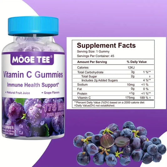MOGE TEE Vitamin C Gummy Bears – Immune Support, Grape Flavor, 45 Count