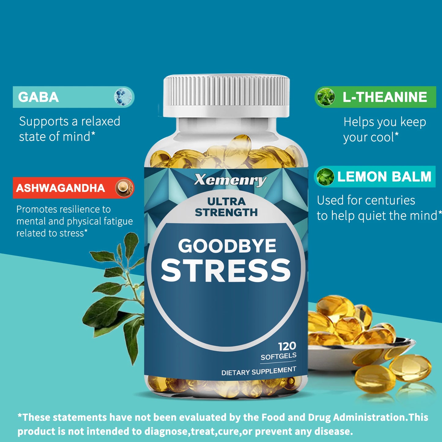 Goodbye Stress Capsules Supplement - GABA, L-Theanine - Relieve Stress and Improve Mood - 120 Capsules