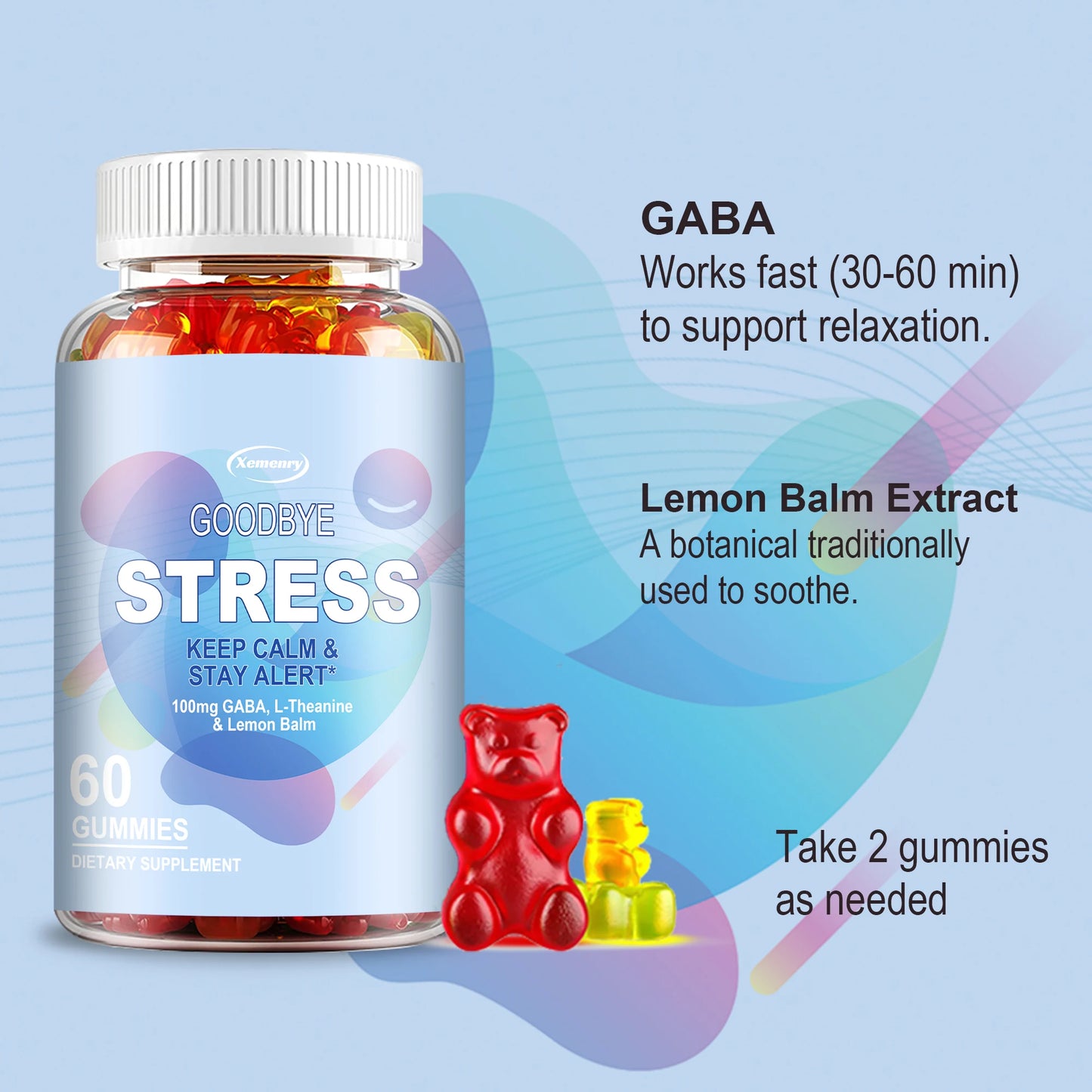 Goodbye Stress Gummies - with GABA, L-Theanine, Lemon Balm - Relieve Stress, Improve Negative Emotions, and Relax - 60 Gummies