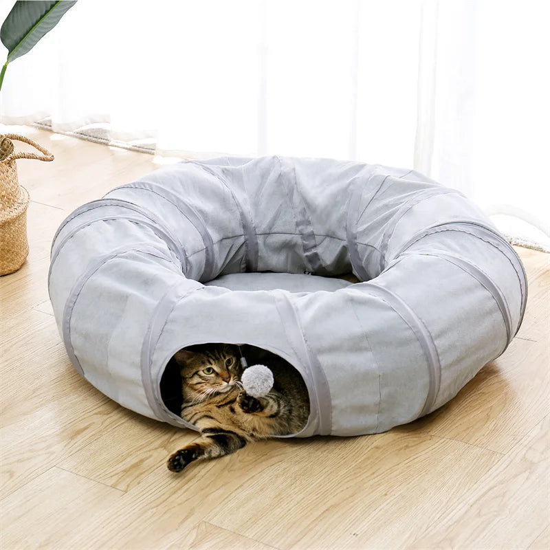 Cat Tunnel Toy Cat Pop Up Bed Collapsible Rabbit Round Tunnel with Mat Cushion 3 Tube Interactive Peek Plush Ball Toy for Indoor