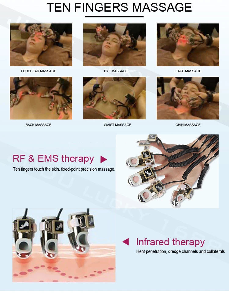 The Newest Golden finger body massager for facial stretching, RF EMS micro-current therapy, meridian dredging