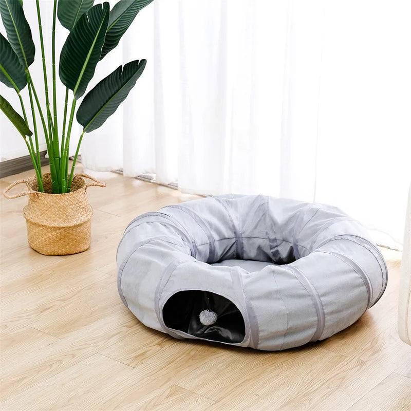 Cat Tunnel Toy Cat Pop Up Bed Collapsible Rabbit Round Tunnel with Mat Cushion 3 Tube Interactive Peek Plush Ball Toy for Indoor