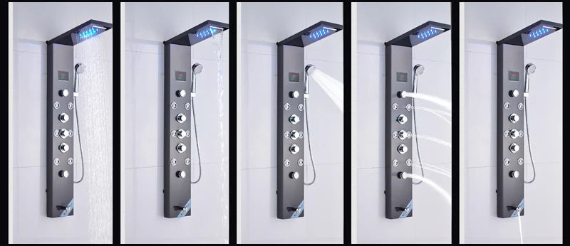 Brushed Nickel Bathroom Shower Column Wall Mounted Black LED Shower Panel Faucets Rainfall Digital Screen 6 Modes Mixer Tap