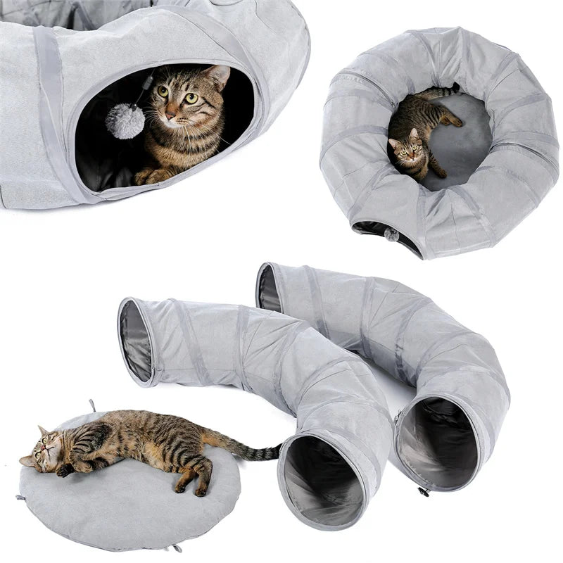 Cat Tunnel Toy Cat Pop Up Bed Collapsible Rabbit Round Tunnel with Mat Cushion 3 Tube Interactive Peek Plush Ball Toy for Indoor