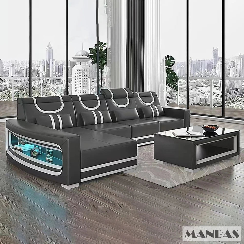 MANBAS Italian Genuine Leather Sofa - 2 Colors Combination, LED Light & Soft Cushions