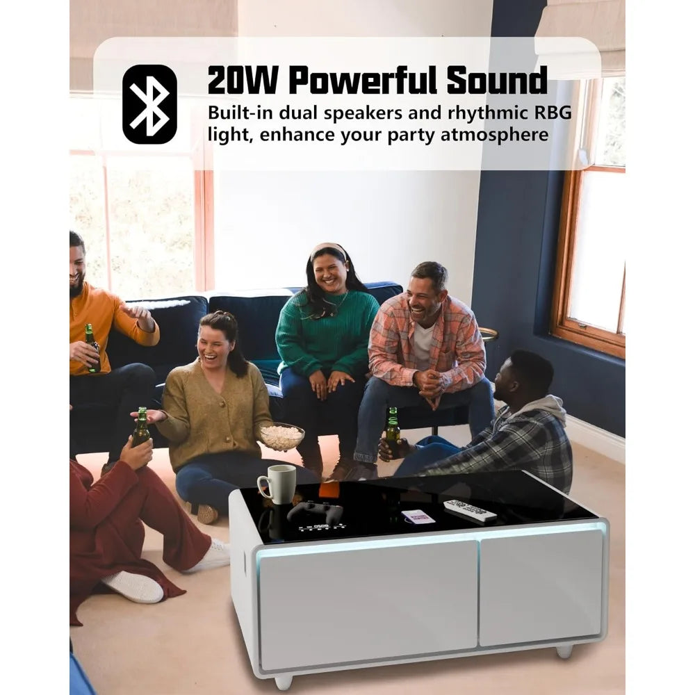 Smart Coffee Table, 23" D x 41.5" W x 18.1" H, Living Room Table with Built in Fridge and Speakers, Smart Table