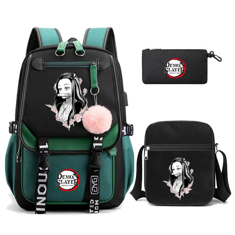 3Pcs Kamado Nezuko Demon Slayer Backpacks Set for Girls Anime School Bag Teenager Student Canvas Laptop Back Pack Women Rucksack