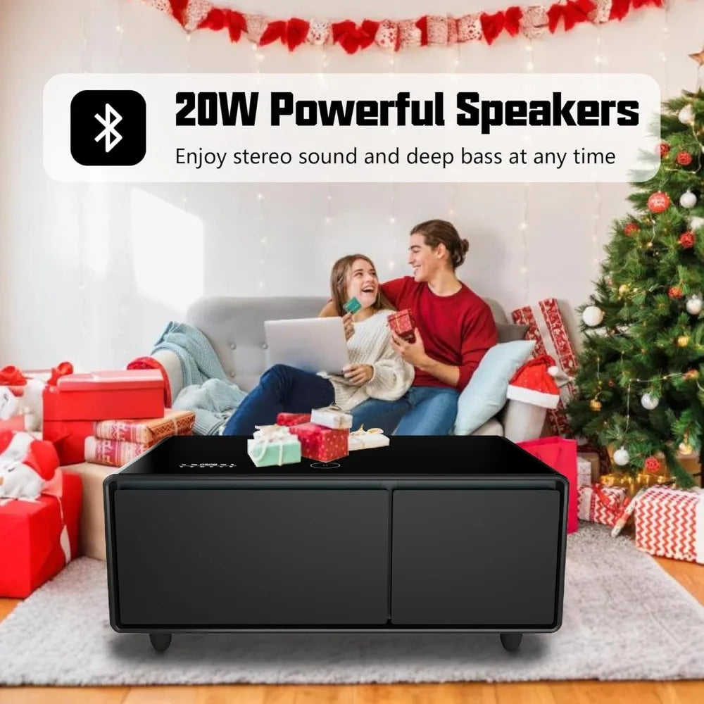 Smart Coffee Table, Living Room Table with Built in Fridge, , 15W Wireless Charging, USB Chargers and Speakers