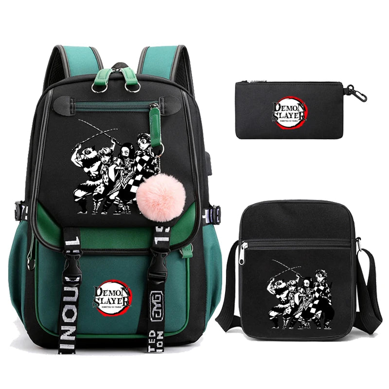 3Pcs Kamado Nezuko Demon Slayer Backpacks Set for Girls Anime School Bag Teenager Student Canvas Laptop Back Pack Women Rucksack