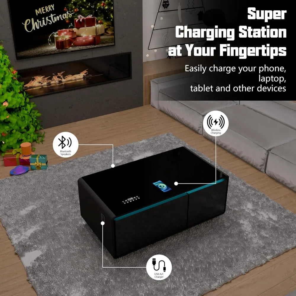 Smart Coffee Table, Living Room Table with Built in Fridge, , 15W Wireless Charging, USB Chargers and Speakers