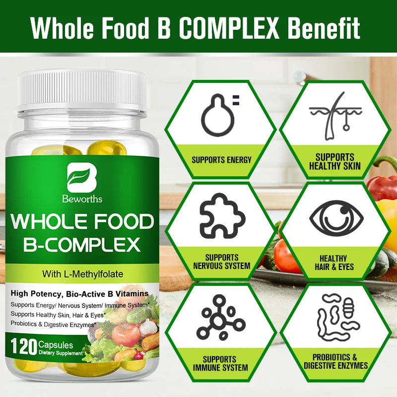 BEWORTHS Vitamin B Complex Capsules B1,B2,B3,B5,B6,B7,B12 Whole Food Supplement for Stress, Energy and Immune Support Non-GMO