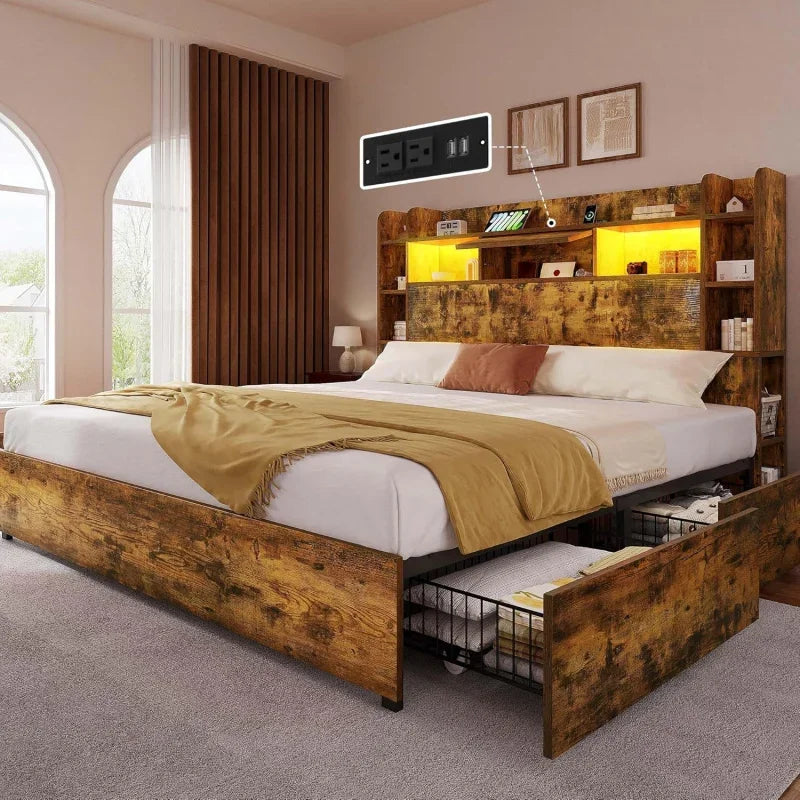 Queen Size Bookcase Headboard and 4 Drawers,RGB LED Bed Frame with USB Charging Station Storage