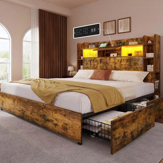 Queen Size Bookcase Headboard and 4 Drawers,RGB LED Bed Frame with USB Charging Station Storage