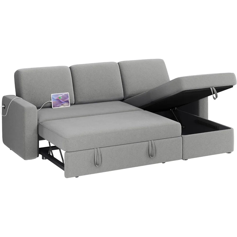 Sectional Sofa L-Shaped Sofa Couch Bed w/Chaise & USB, Reversible Couch Sleeper w/Pull Out Bed & Storage Space, 4-seat Fabric