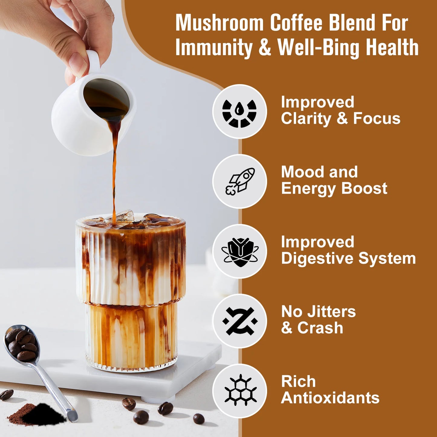 Mushroom Coffee Supplement 10 Mushroom Blend- Lion's Mane, Chaga, Cordyceps, Ashwagandha, L-Theanine for Energy, Focus, Memory