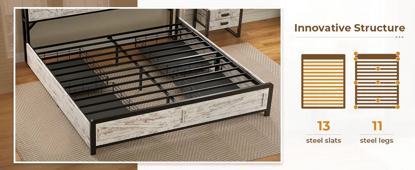 Full Bed Frame w RGB LED Lights & Hidden Storage Headboard, Full Metal Platform Bed with Type-C Charging Station and 4 Drawers