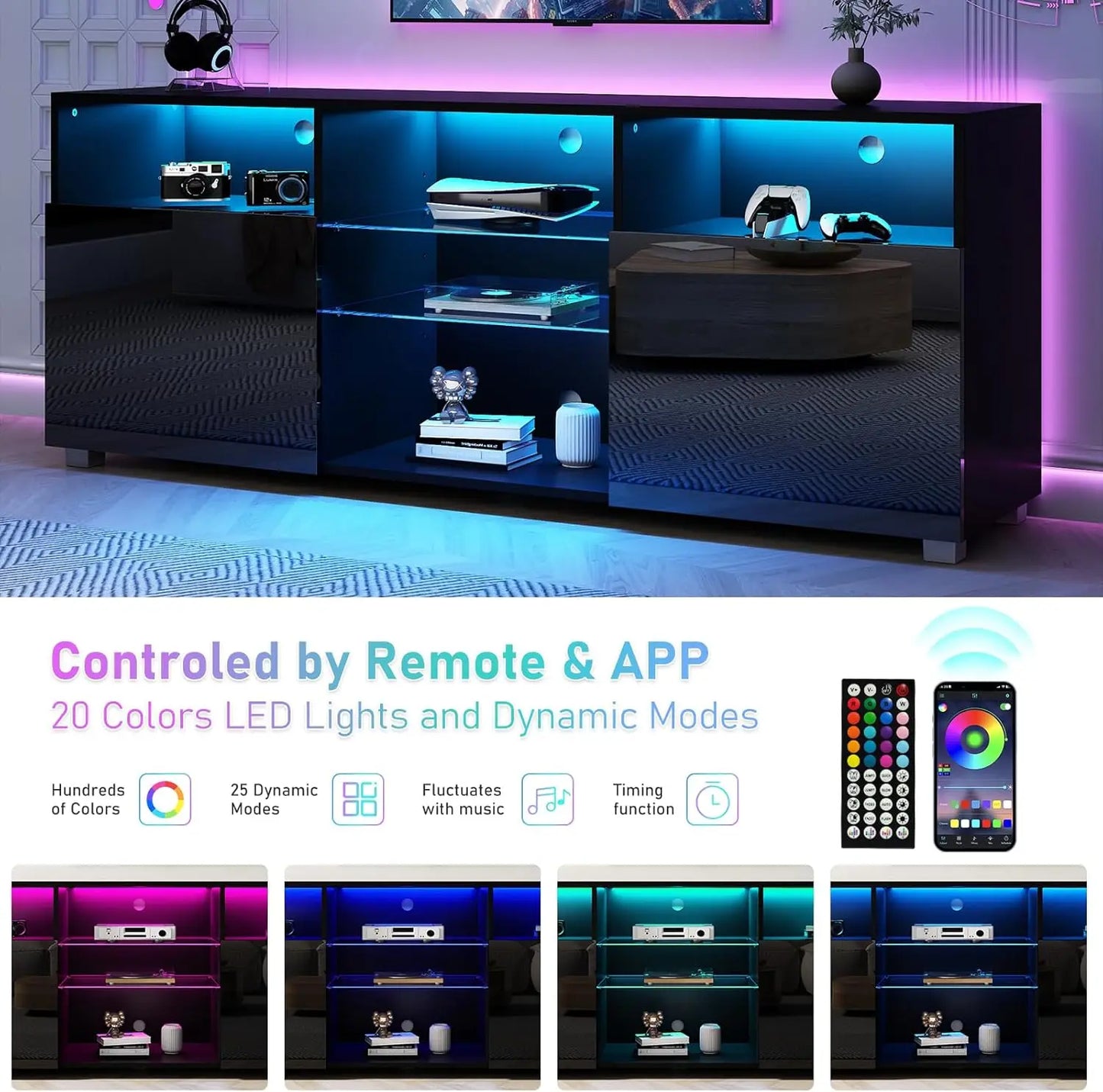 LED TV Stand for 60/65 inch TV Television Table Center Media Console with Drawer and Led Lights High Glossy Modern Entertainment