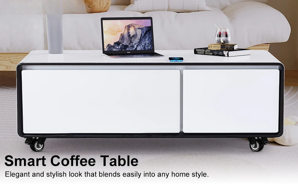 Smart Coffee Table with Fridge, 90L Smart Table with Built in Fridge, Wireless Charger, USB Port, for Living Room Reception Room