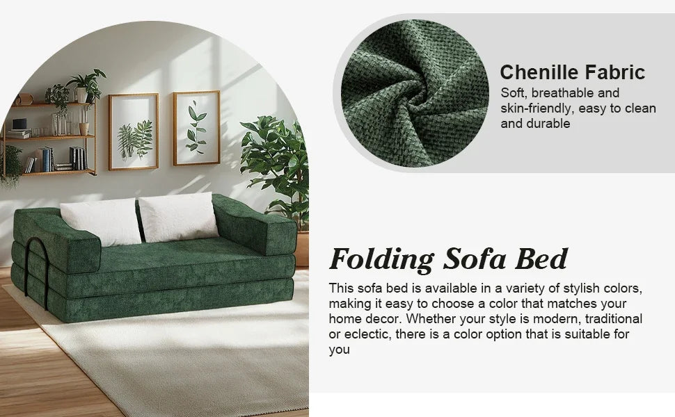 Folding Sofa Bed, 80 Inch Convertible Sofa Bed, with 2 Pillows, Folding Sofa, Foam Spring Floor Mattress