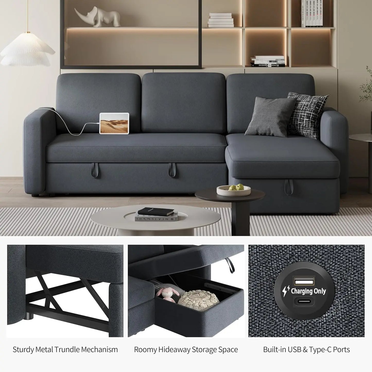 Sectional Sofa L-Shaped Sofa Couch Bed w/Chaise & USB, Reversible Couch Sleeper w/Pull Out Bed & Storage Space, 4-seat Fabric