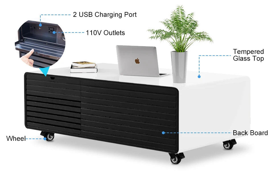 Smart Coffee Table with Fridge, 90L Smart Table with Built in Fridge, Wireless Charger, USB Port, for Living Room Reception Room