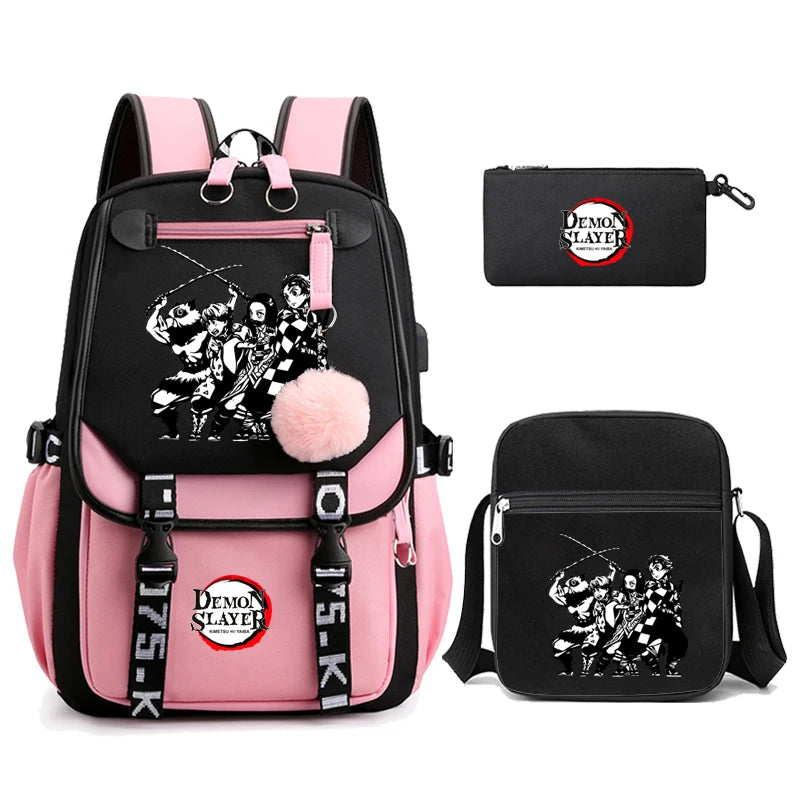 3Pcs Kamado Nezuko Demon Slayer Backpacks Set for Girls Anime School Bag Teenager Student Canvas Laptop Back Pack Women Rucksack