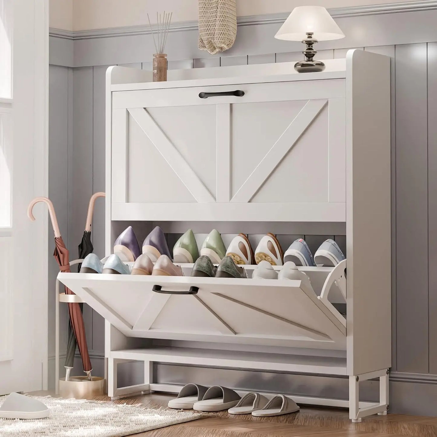 Shoe Storage Cabinet with 2 Flip Drawers, Freestanding Shoe Rack Cabinet with Metal Legs, Hidden Shoe Organizer Cabinet