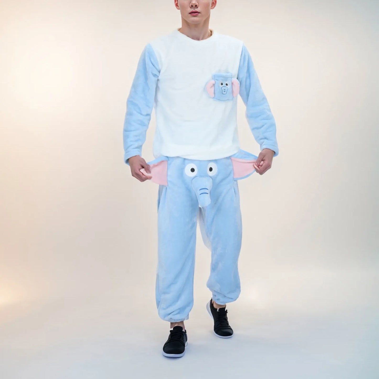 Funny Cartoon Men's Pajama Suits Couple Novelty Animal Elephant Ear Trunk Plush Long Sleeve Couple Clothes+Trousers Prank Gift