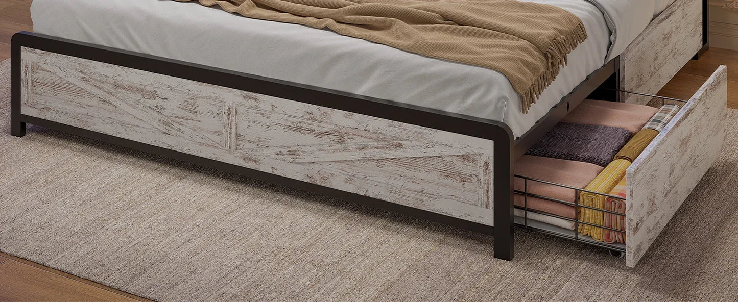 Full Bed Frame w RGB LED Lights & Hidden Storage Headboard, Full Metal Platform Bed with Type-C Charging Station and 4 Drawers